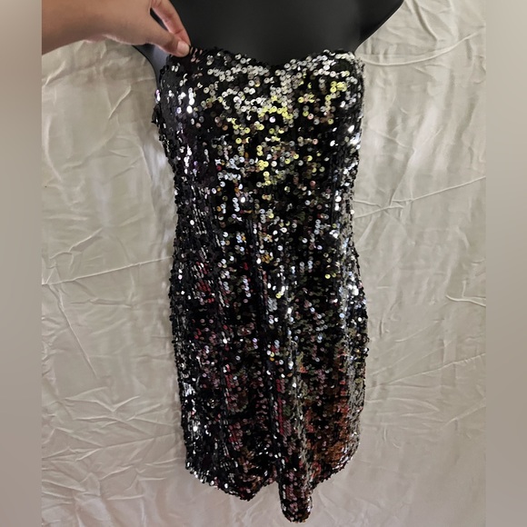 Strapless Sequin Silver & Black Midi/Mini Party Dress - Picture 2 of 6
